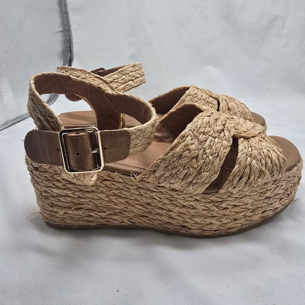 Seychelles Score Platform Sandals Women 7 Tan Raffia Woven Wedge Boho Coastal